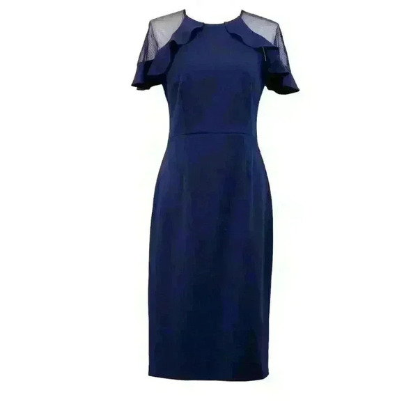 Eliza J Navy Blue Sheer Ruffle Sleeve Crew Neck Sheath Midi Dress Size 8 - Picture 1 of 9